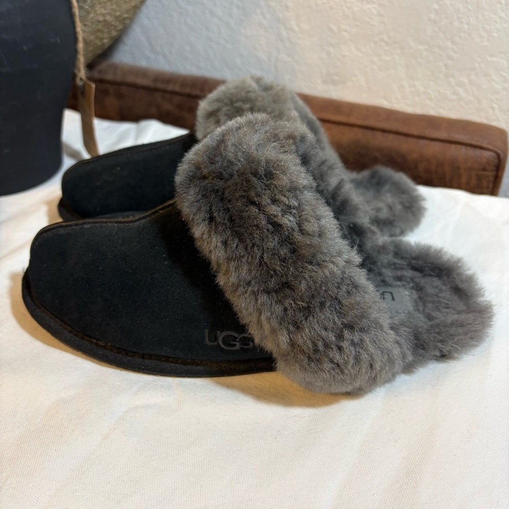 UGG Black Suede Slippers with Gray Shearling Trim